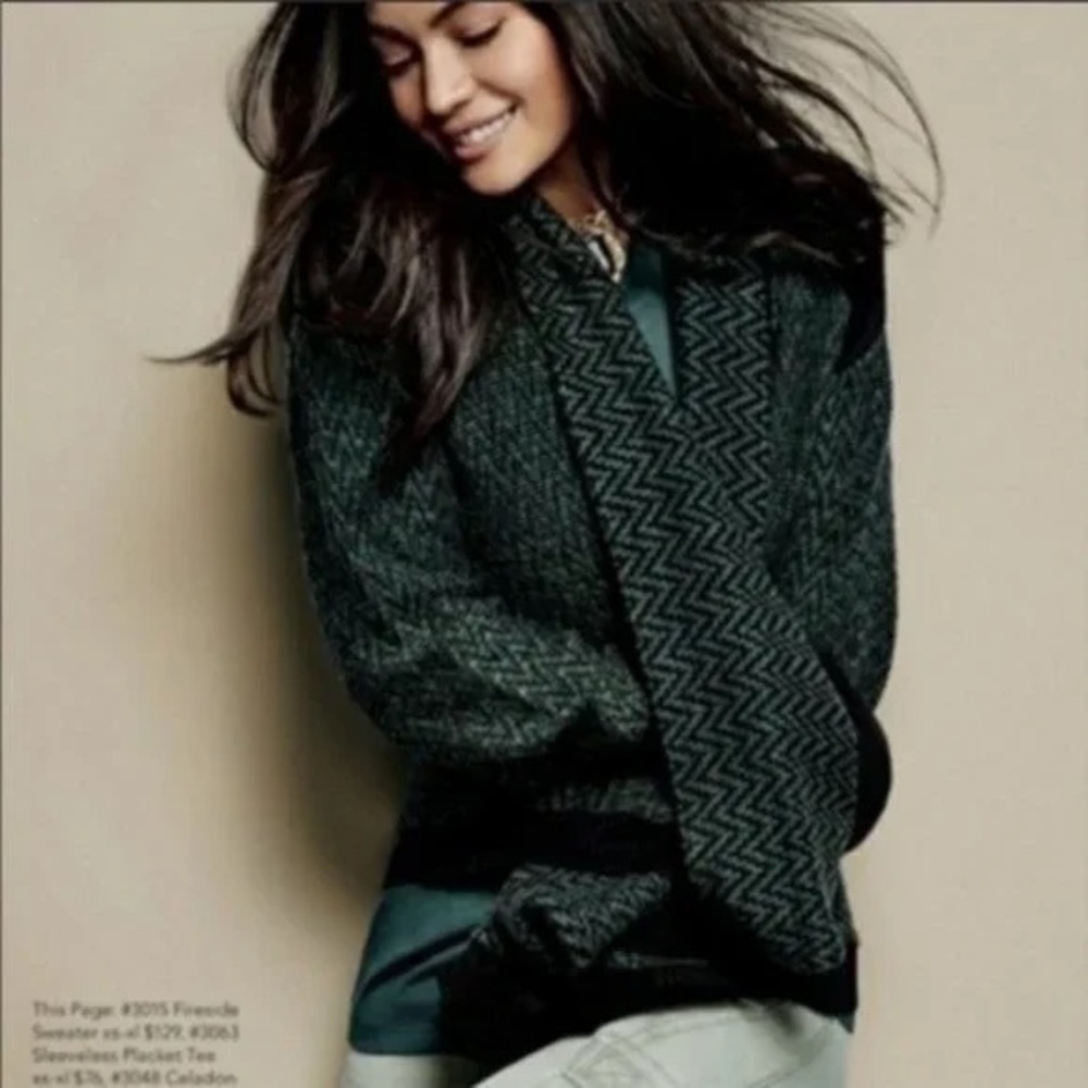 Cabi SMALL Green Black Chevron‎ Knit Cardigan Sweater Long Sleeve Open Front